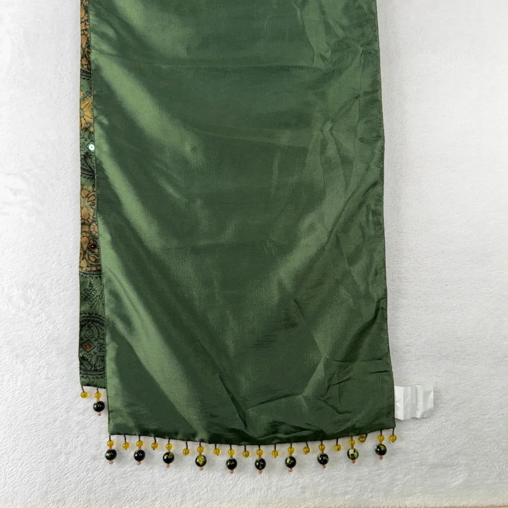 Pier 1 14x74 Table Runner Holiday Medallion Circle Print Beaded Trim Green Gold